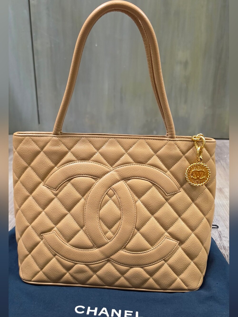 CHANEL Tan Quilted Caviar Leather Tote with Gold CC Medallion